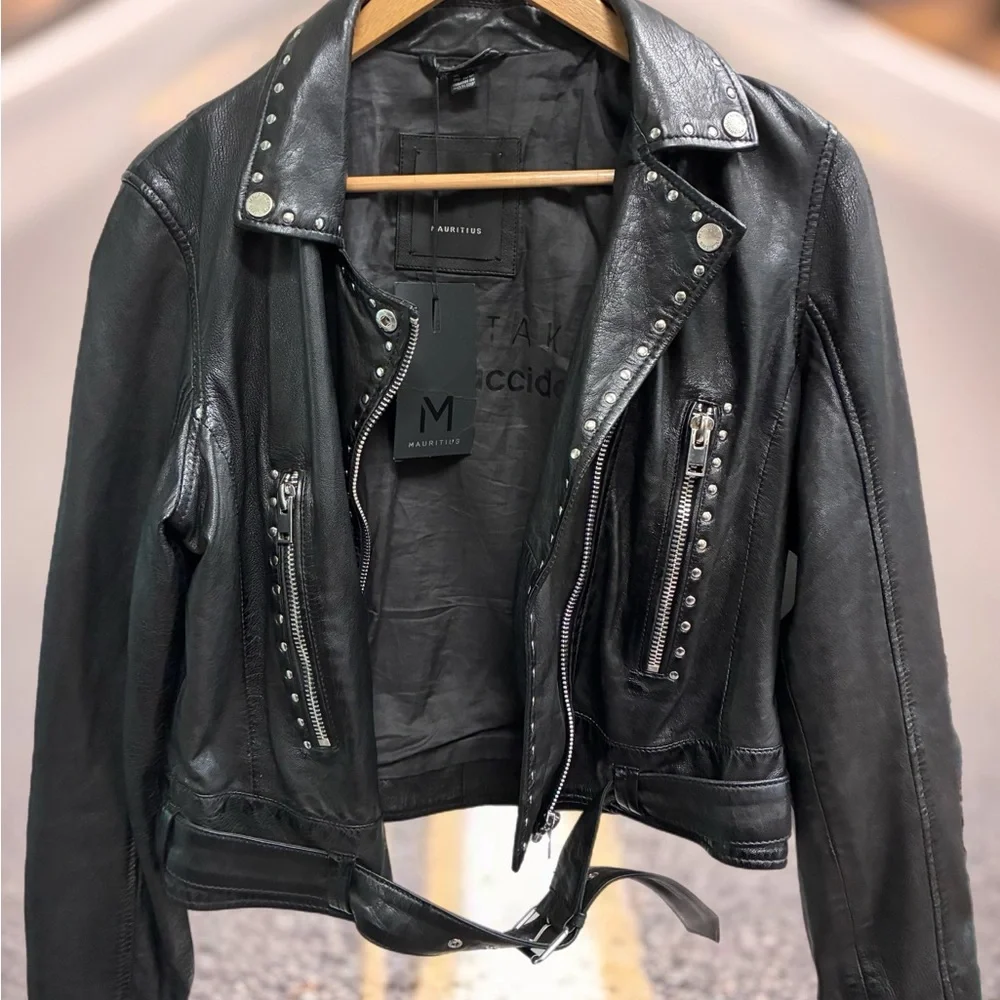 Mauritius Studded Black Leather Biker Jacket - Women XL - Picture 3 of 12